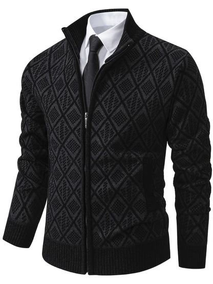 Herren Strickjacke Rautenmuster Stehkragen Reißverschluss Feinstrick Casual