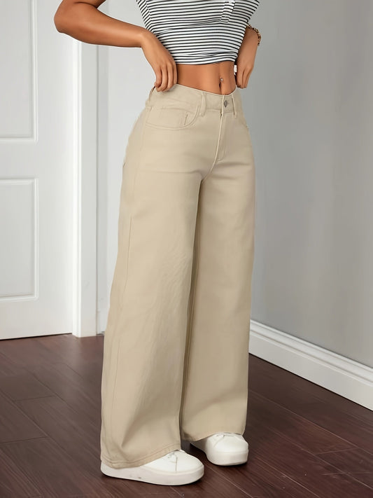 Damen Baggy Hose Beige High Waist Weites Bein Jeans-Stil