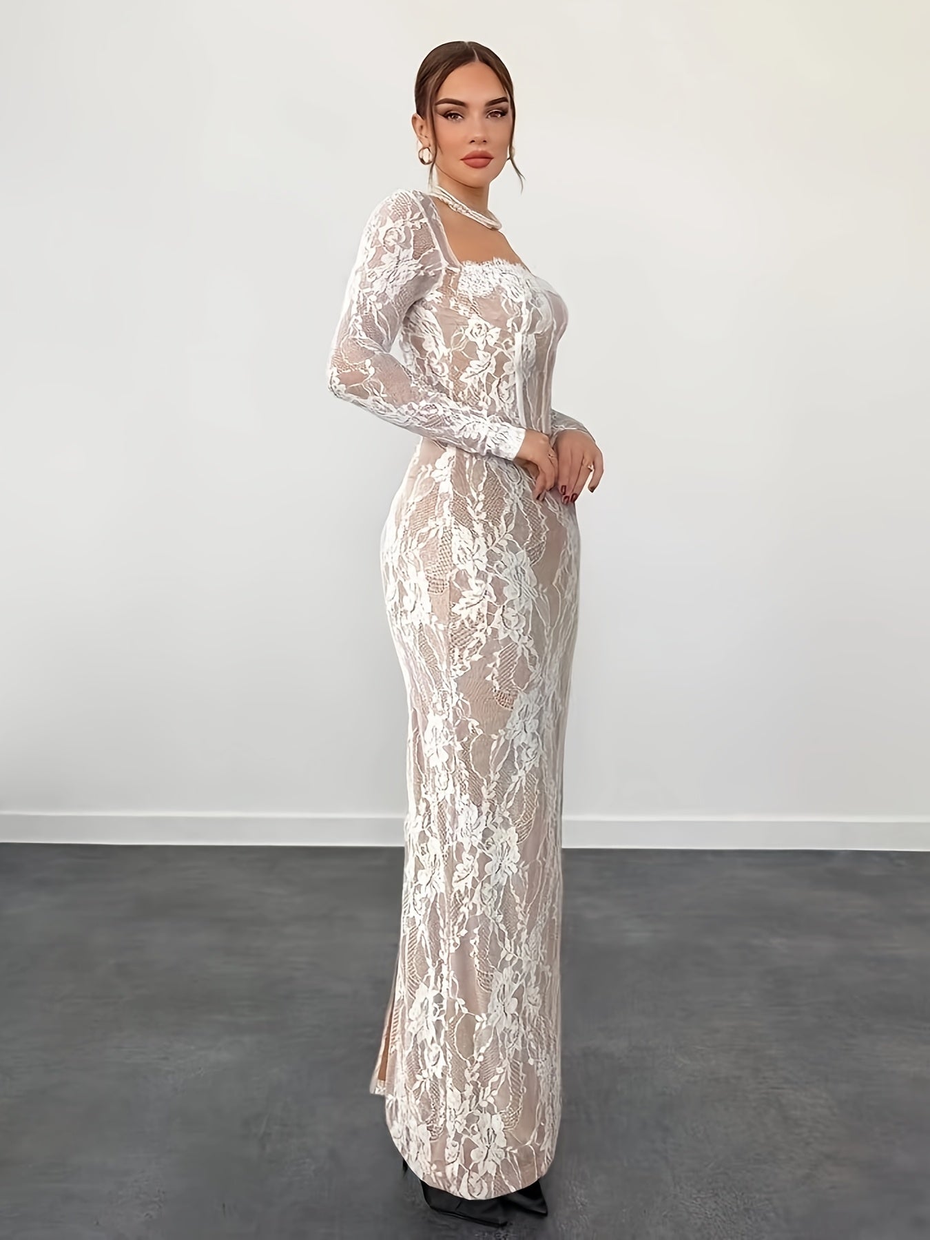 Damen Elegantes Bodycon Abendkleid mit Spitze und Langarm – Stilvolles Partykleid für besondere Anlässe