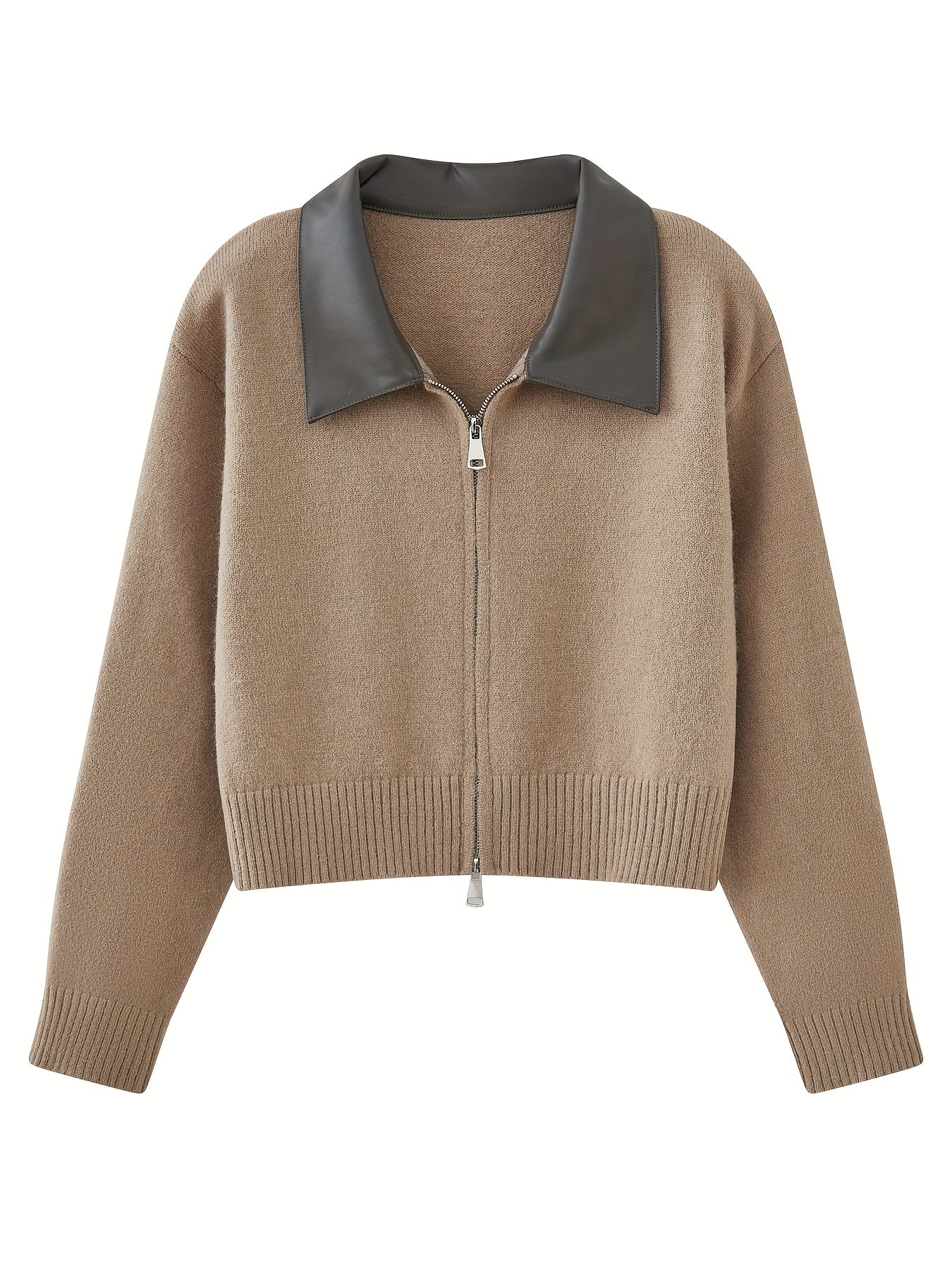 Damen Strickjacke kurz mit Kragen Reißverschluss Beige