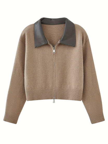 Damen Strickjacke kurz mit Kragen Reißverschluss Beige