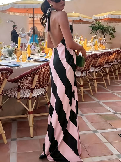 Damen Maxikleid mit Neckholder und Streifenmuster – Elegantes Sommerkleid für Feste und Gartenpartys