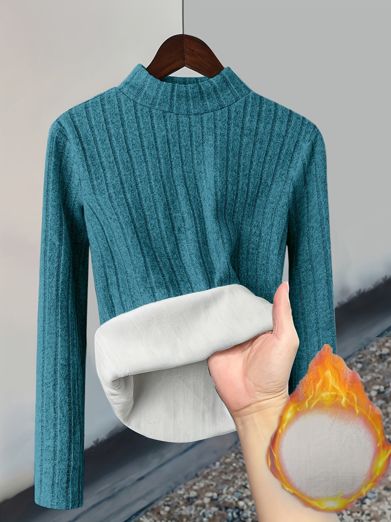 Damen Pullover Rippstrick Stehkragen Warme Fleecefütterung Langarm