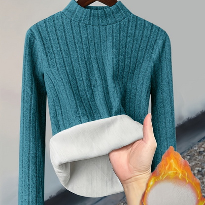Damen Pullover Rippstrick Stehkragen Warme Fleecefütterung Langarm