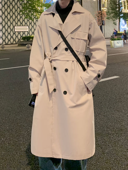 Unisex Trenchcoat Lang Zweireihig mit Gürtel in Beige oder Schwarz