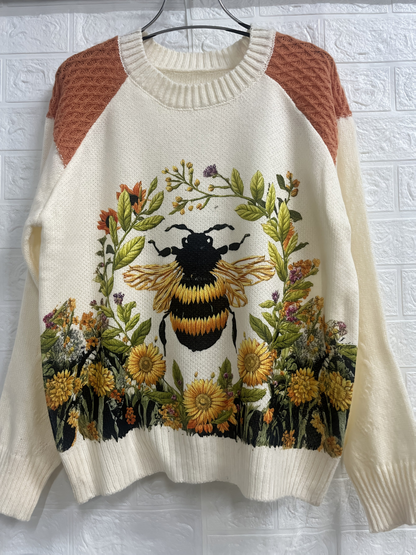 Damen Pullover Beige mit Katzenmotiv und Blumen – Rundhals Strickpullover