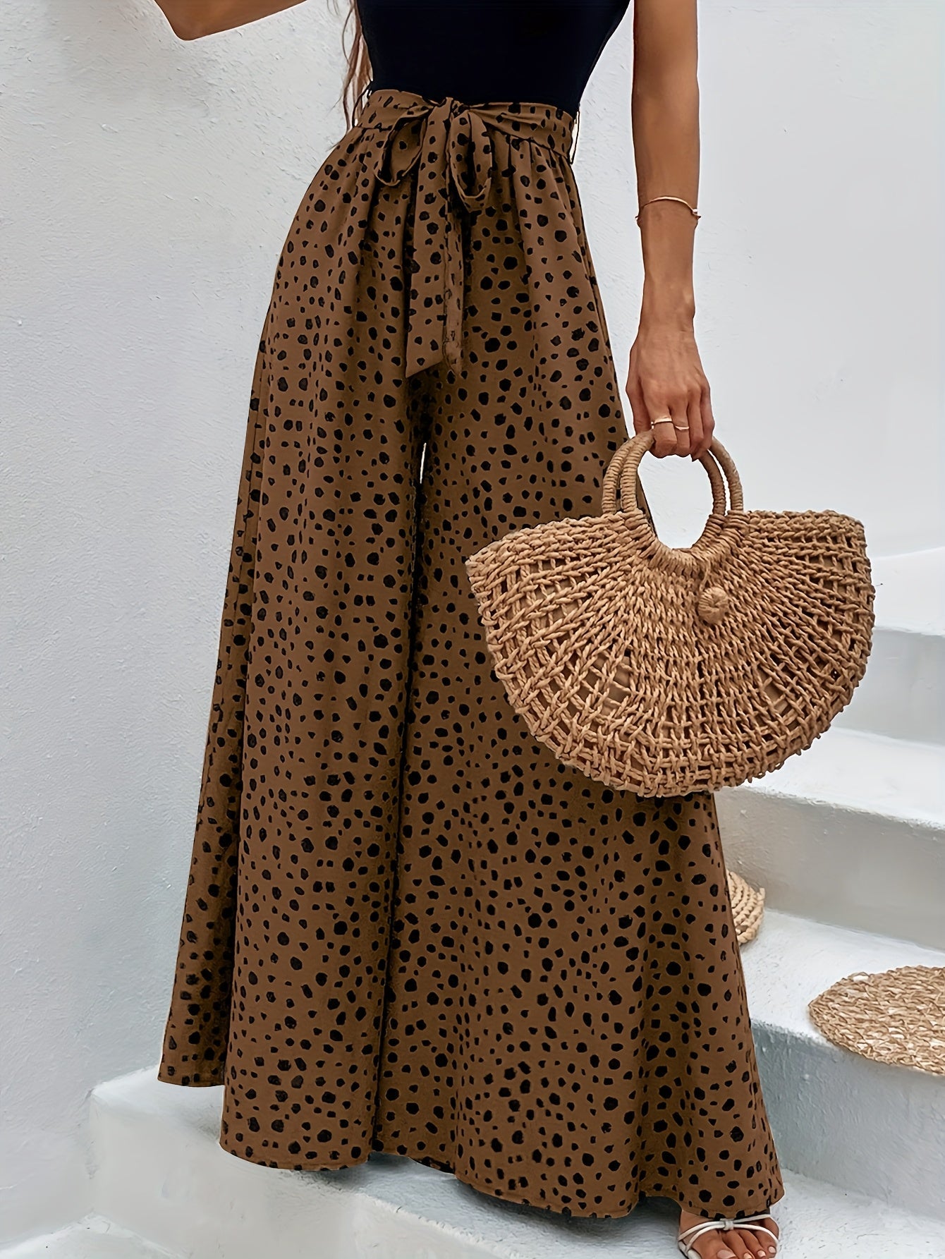 Damen Elegante Weitbeinige Palazzo-Hose mit Gürtel und Punktemuster – Perfekt für Freizeit und Sommer