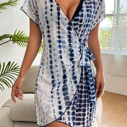 Damen Wickelkleid Strand Cover-Up mit modernem Muster – Elegantes Badeoutfit für Urlaub und Freizeit