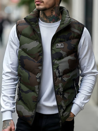 Herren Steppweste Camouflage mit Stehkragen und Reißverschluss, gepolsterte ärmellose Weste für Frühling und Herbst