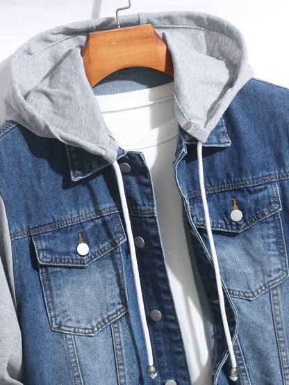 Herren Jeansjacke mit Kapuze Denim und Sweatstoff Ärmel Grau