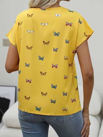 Damen Sommer T-Shirt mit Schmetterlingsmuster – Modisches Freizeitshirt für Alltag und Büro