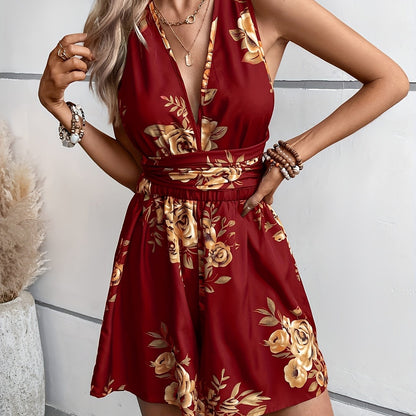 Damen Jumpsuit mit Blumenmuster und tiefem V-Ausschnitt – Eleganter Einteiler für Freizeit und besondere Anlässe