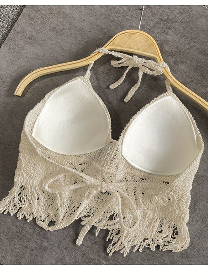 Damen Boho Häkel-Haltertop mit Fransen – Sommer Festival Oberteil