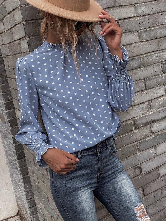 Damen Bluse Punkte Hellblau Langarm Rüschenkragen
