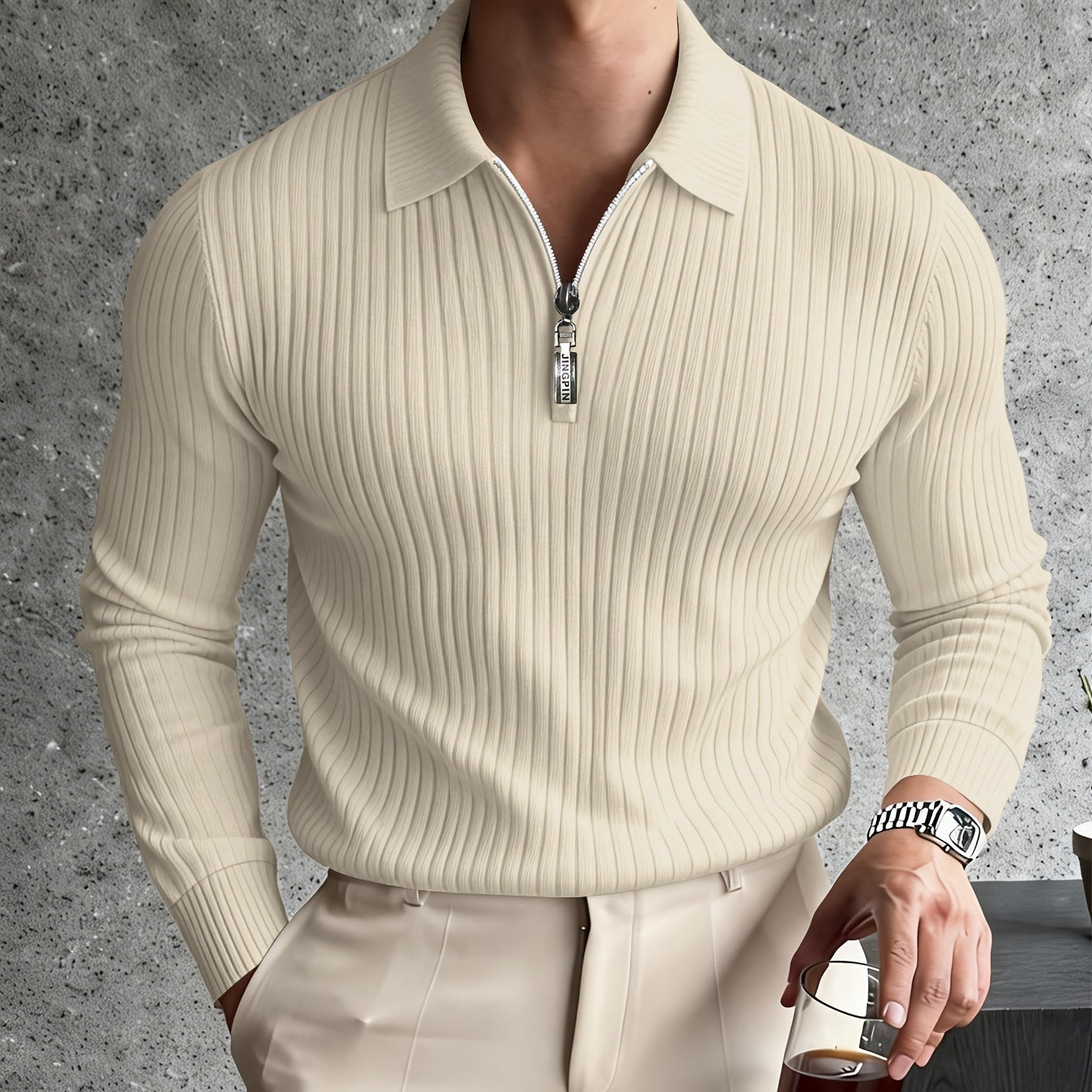Herren Rippstrick Poloshirt Langarm mit Reißverschluss Kragen