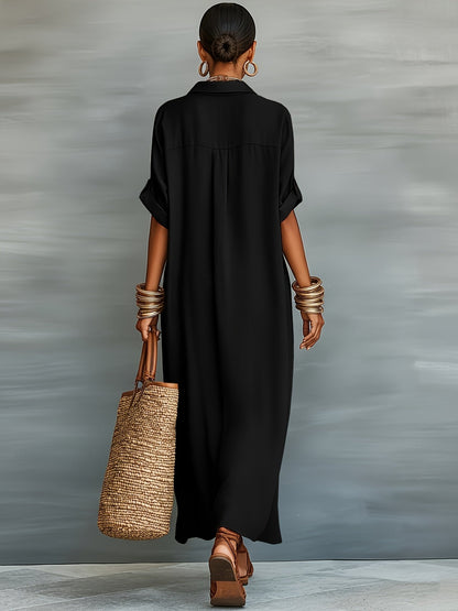 Damen Maxikleid Hemdblusenkleid Elegant Lässig Sommermode