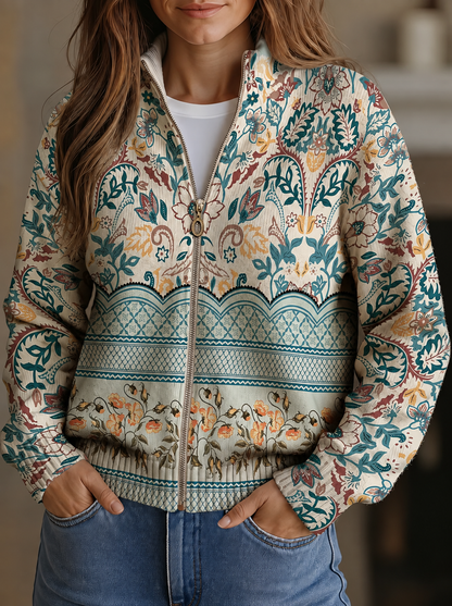 Damen Bomberjacke mit floralem und ornamentalem Muster, Reißverschluss