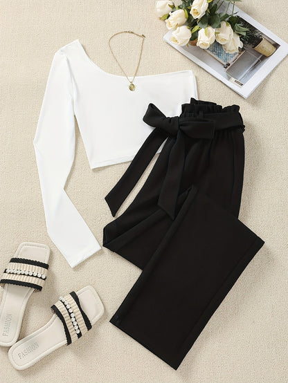 Damen Elegante Off-Shoulder Bluse mit Gürtelhose – Perfekt für Büro und Freizeit
