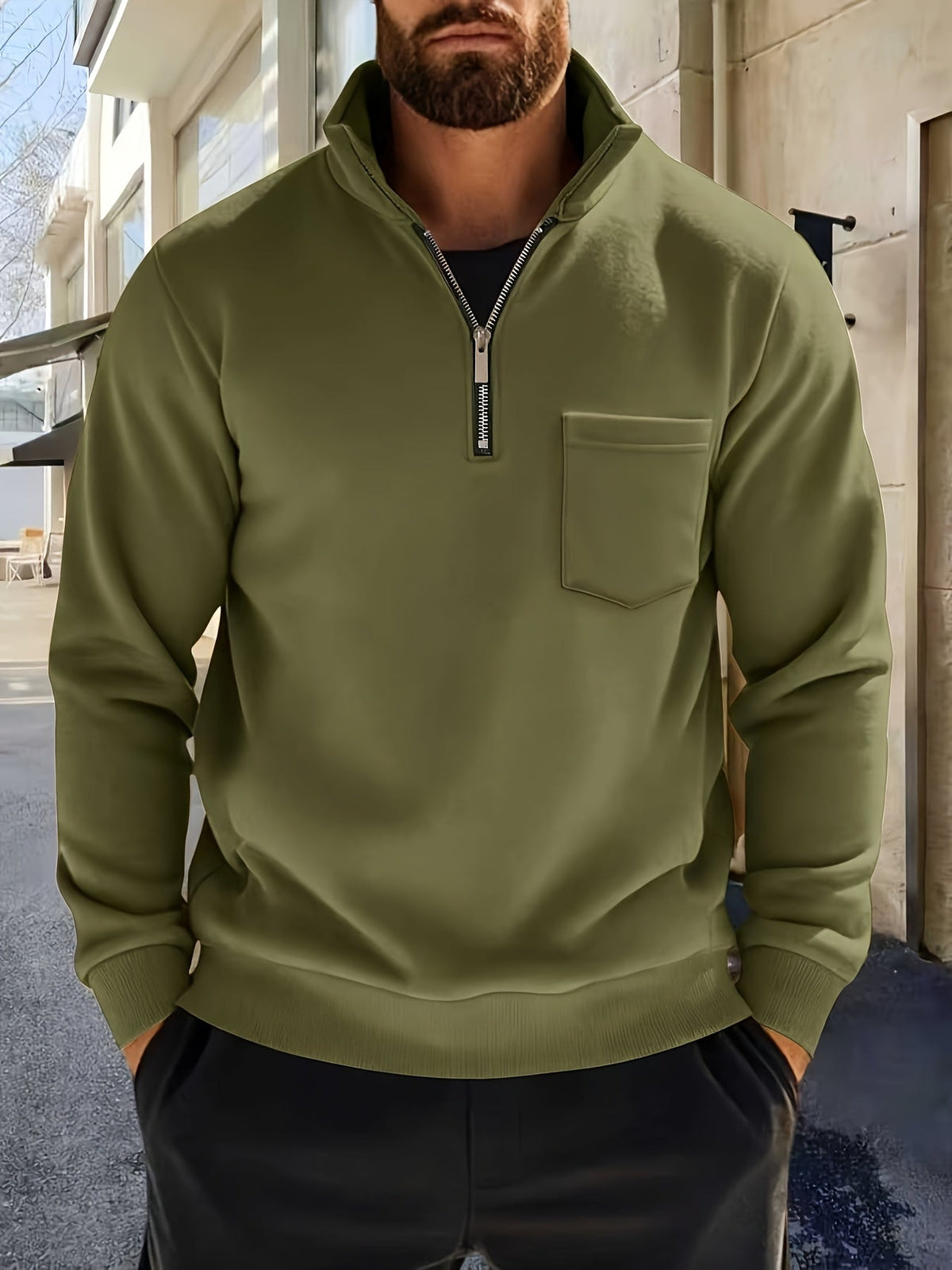 Herren Sweatshirt mit Stehkragen, Reißverschluss & Brusttasche, Langarm