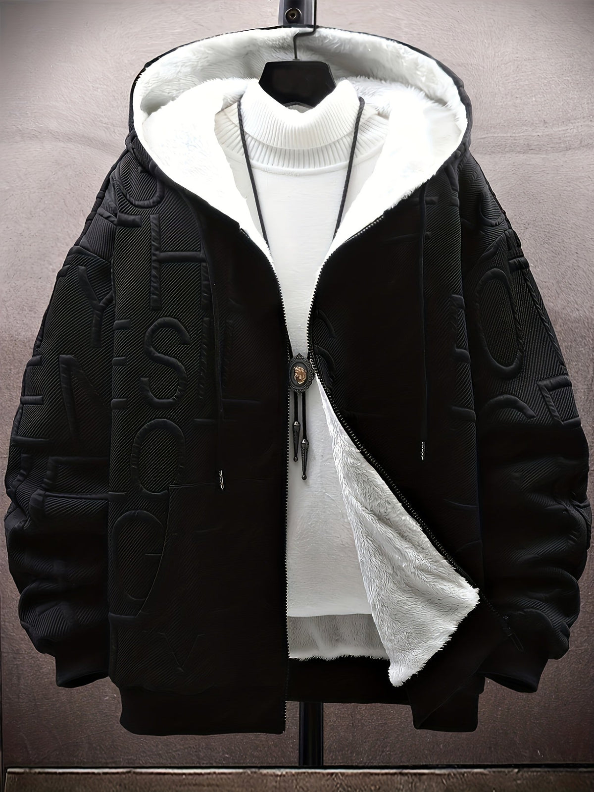 Unisex Winterjacke mit Kapuze, Reißverschluss & Futter, strukturiertes Muster
