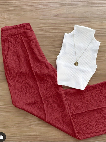Damen Elegantes Set – Ärmelloses Oberteil mit Stehkragen und Weite Hose, Perfekt für Büro & Freizeit