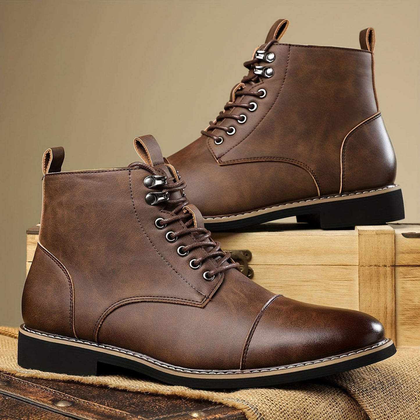 Herren Stiefeletten zum Schnüren in Braun mit Zehenkappe und flachem Absatz