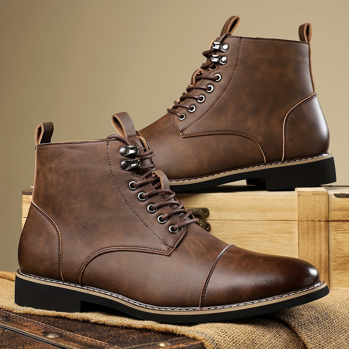 Herren Stiefeletten zum Schnüren in Braun mit Zehenkappe und flachem Absatz