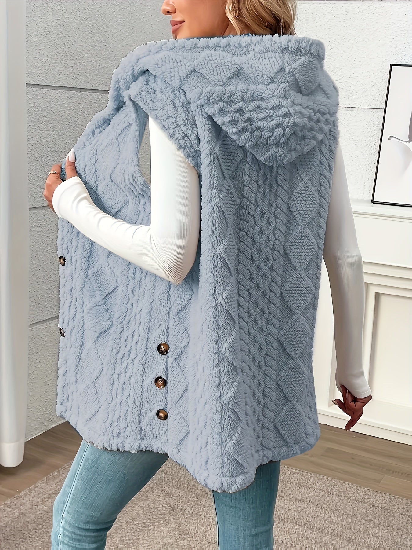 Damen Strickweste mit Kapuze und Knöpfen – Eleganter Lagenlook für Alltag und Freizeit