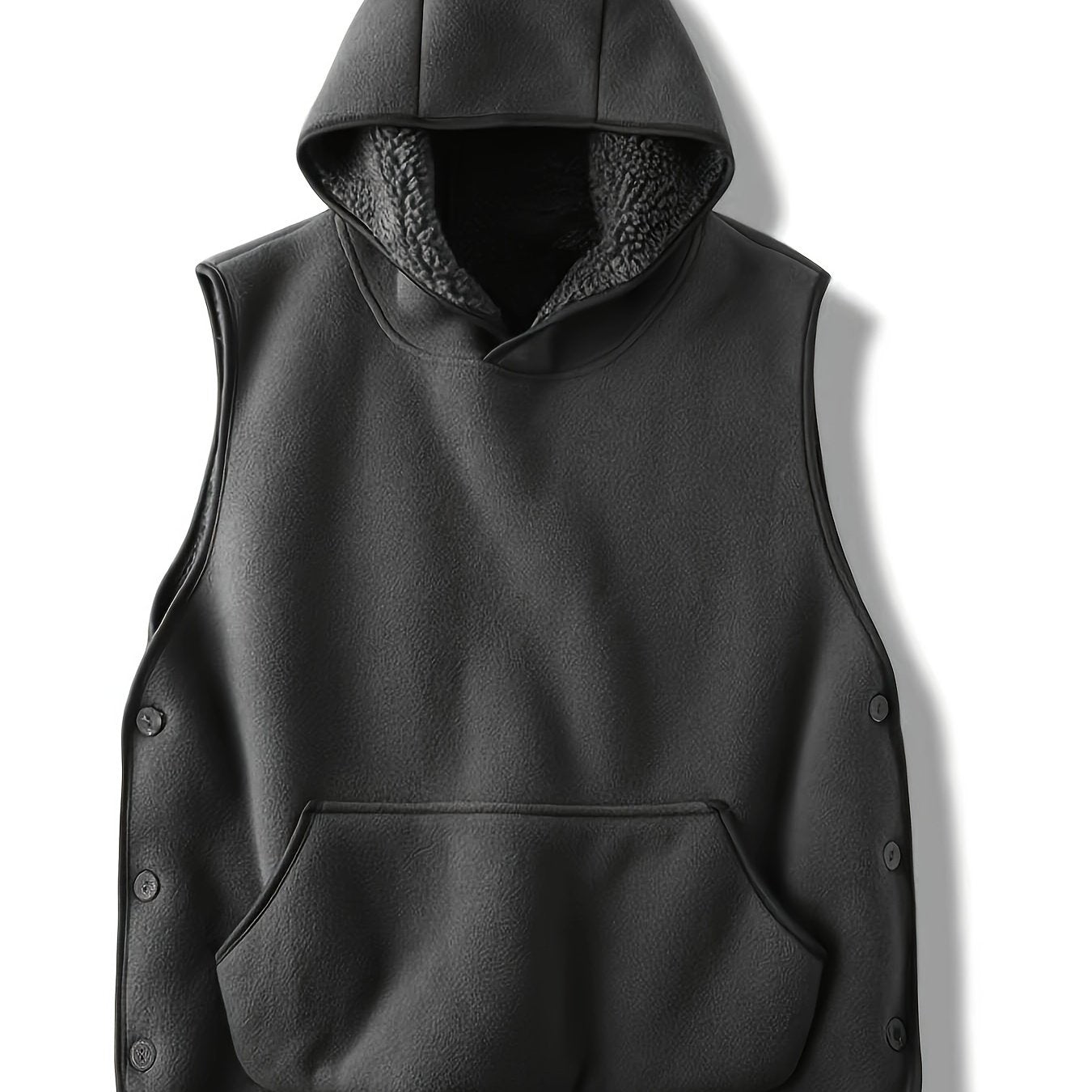 Unisex Kapuzenweste mit Kängurutasche und seitlichen Knöpfen, gefütterte Kapuze