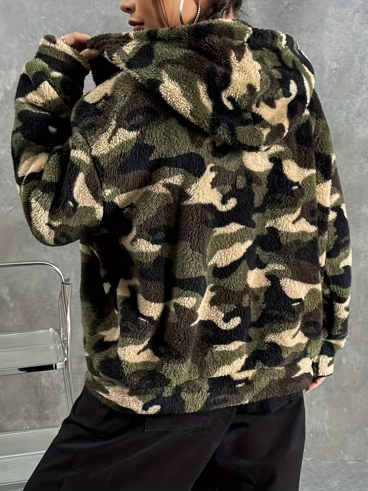 Damen Teddyfell Kapuzenjacke Camouflage Muster mit Reißverschluss