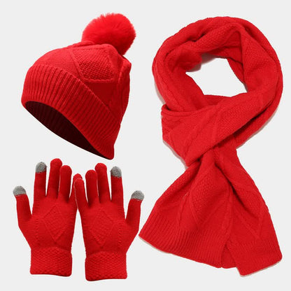 Strickmütze Schal Handschuhe Set mit Bommel und Touchscreen-Funktion