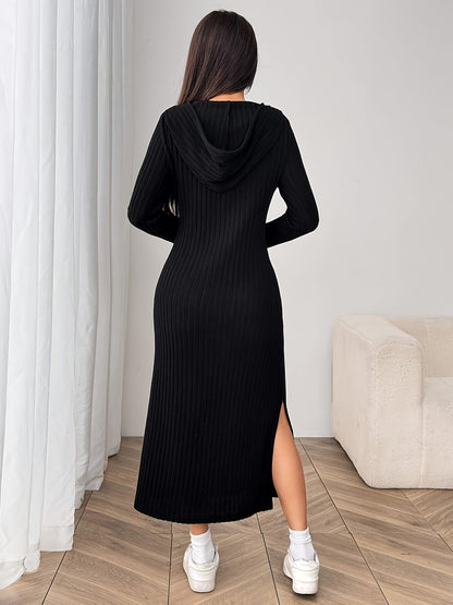 Geripptes Kapuzenkleid Schwarz Langarm Maxi Damen