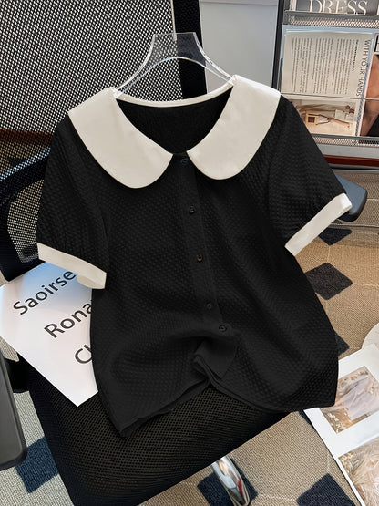 Damen Bluse mit kontrastierendem Kragen im Vintage-Stil – Elegante Freizeitmode für Büro und Alltag