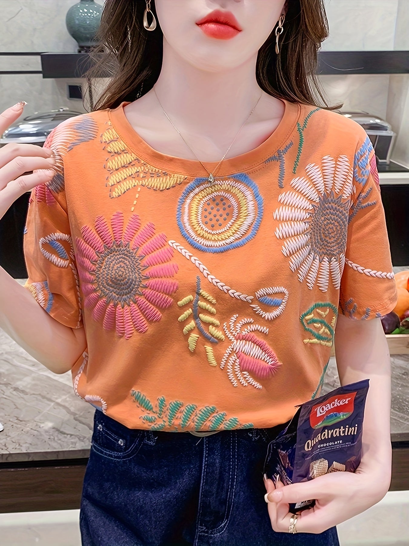 Damen Sommer T-Shirt mit Stickerei und Boho-Design – Lässiges Freizeitshirt, Kurzarm, Trendy Muster