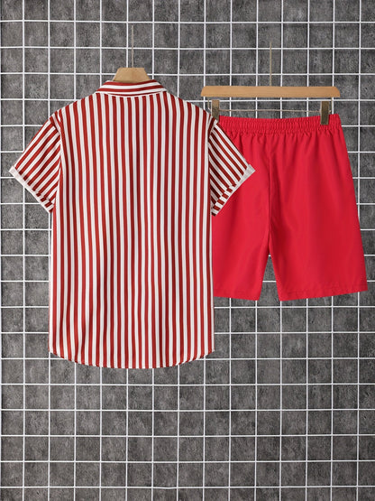 Herren Set mit Kurzarmhemd und Shorts, Modernes Streifen Design, Freizeit Outfit für Sommer und Urlaub