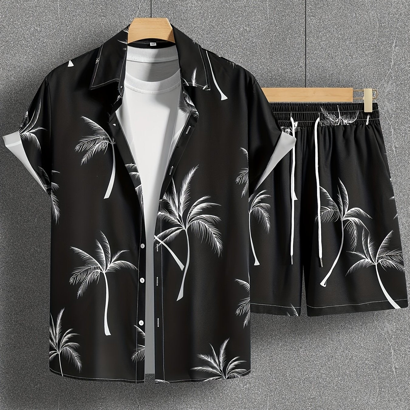 Herren Strand Outfit Zweiteiler mit Palmenmuster – Freizeit Hemd und Shorts Set