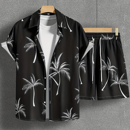 Herren Strand Outfit Zweiteiler mit Palmenmuster – Freizeit Hemd und Shorts Set