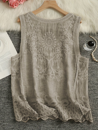 Damen Boho Stickerei Top mit Blumenmuster und Spitzenkante – Ärmelloses Sommer Tanktop für Freizeit und besondere Anlässe