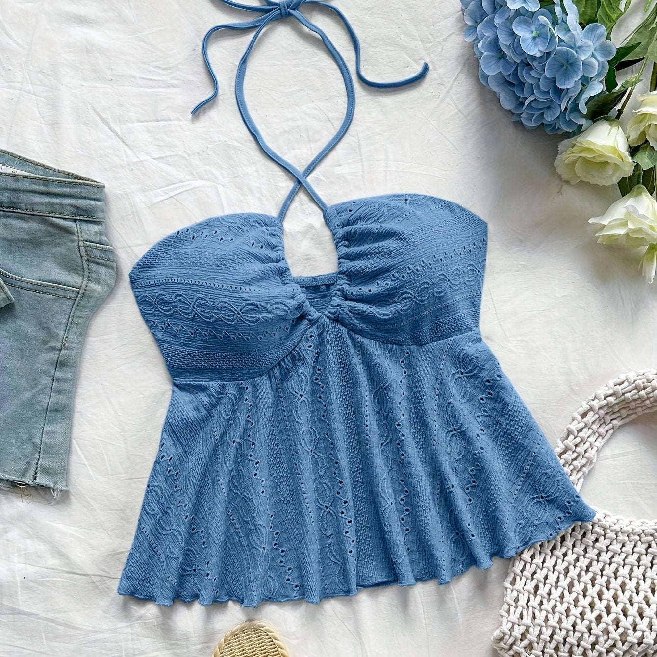 Damen Halter Babydoll Top mit Stickerei und Vintage-Charme – Verspieltes Sommertop