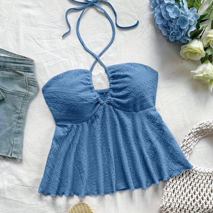 Damen Halter Babydoll Top mit Stickerei und Vintage-Charme – Verspieltes Sommertop