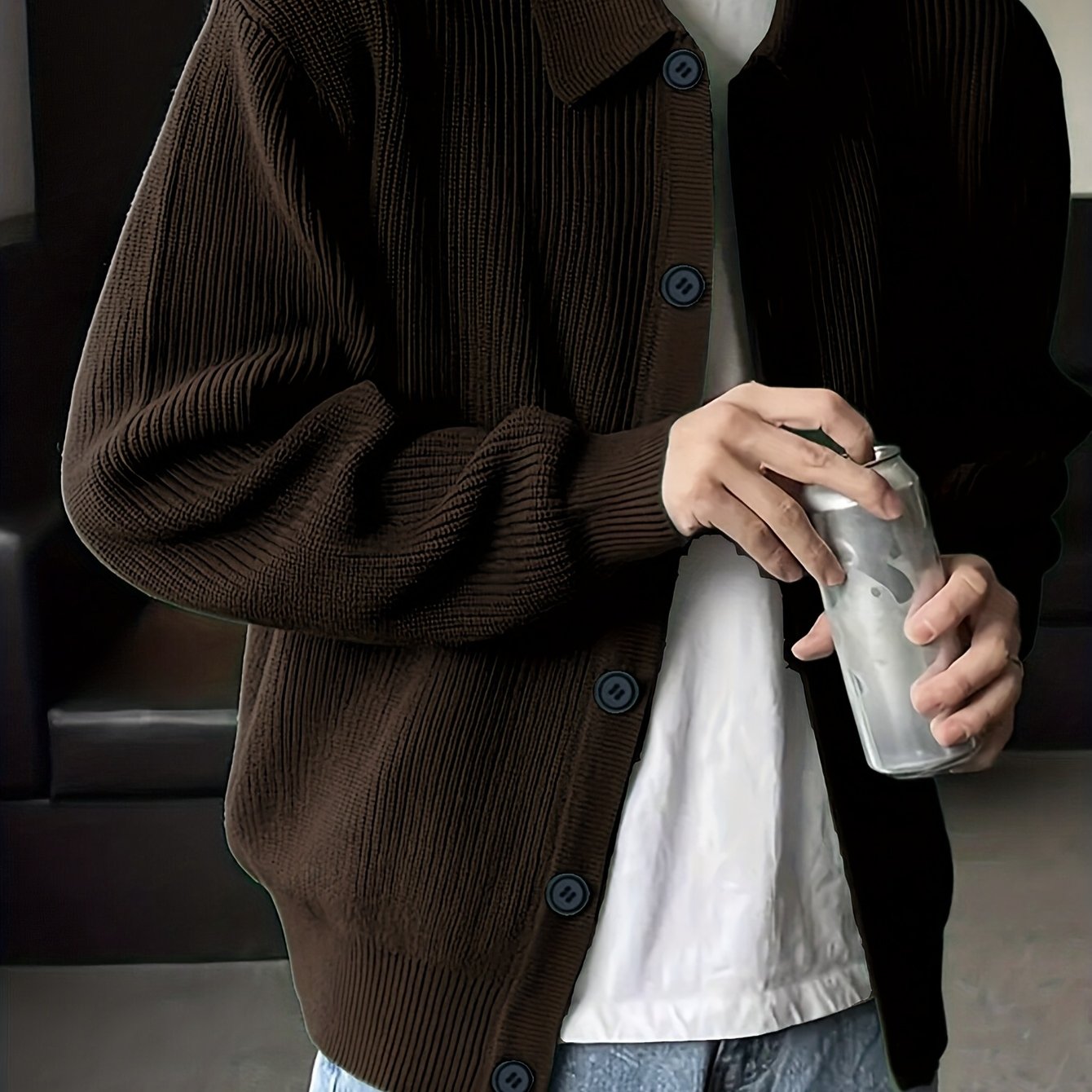 Gerippter Herren Cardigan mit Kragen und Knopfleiste, lässige Strickjacke für Männer