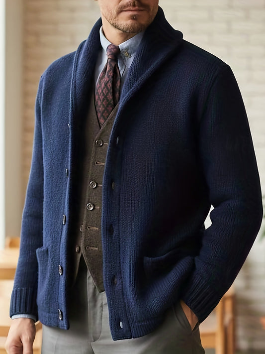Herren Cardigan mit Schalkragen, Knopfleiste und Taschen, marineblau