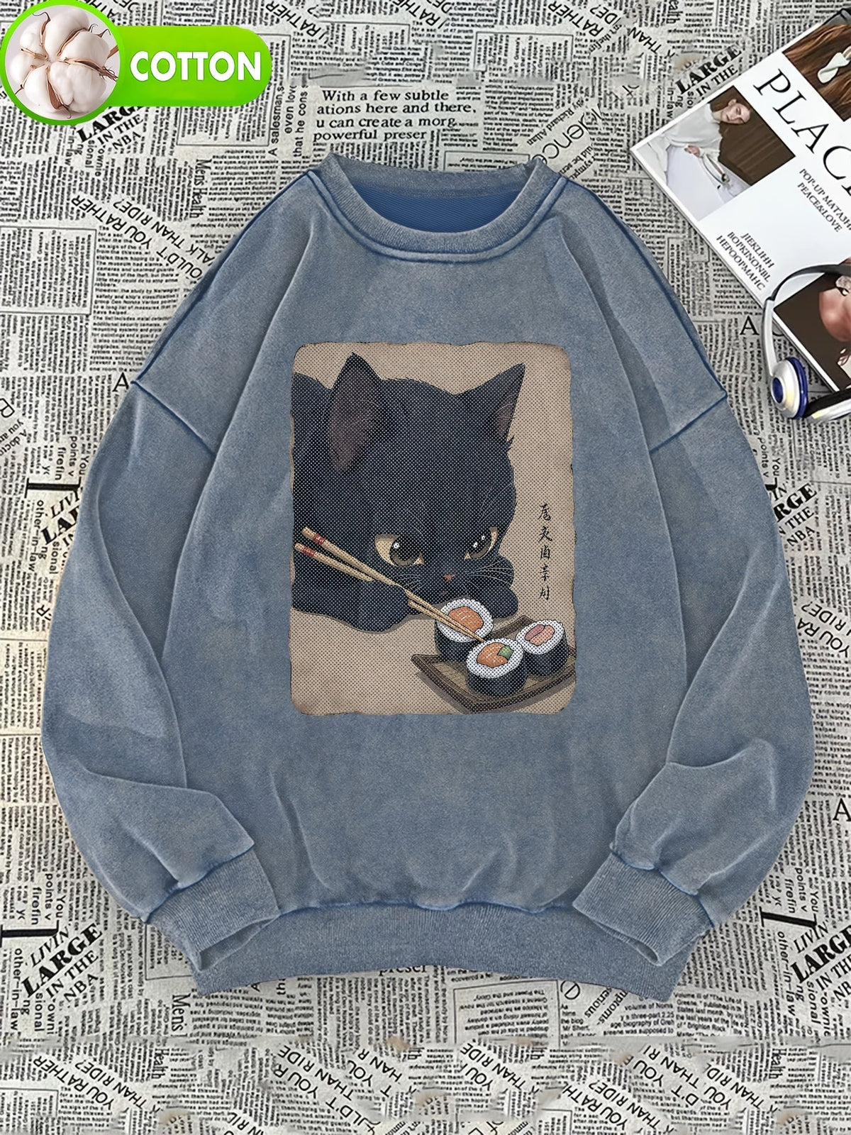 Sweatshirt Unisex Oversize mit Katzen-Sushi-Motiv, Rundhals, Baumwolloptik