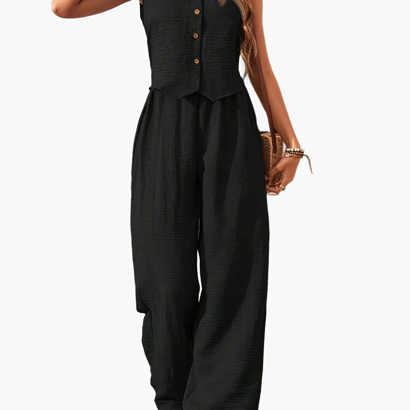 Damen Zweiteiler Jumpsuit mit Weste und Knopfleiste – Eleganter Sommeranzug für Alltag und Urlaub