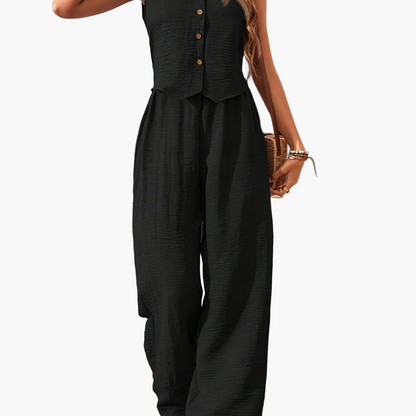 Damen Zweiteiler Jumpsuit mit Weste und Knopfleiste – Eleganter Sommeranzug für Alltag und Urlaub