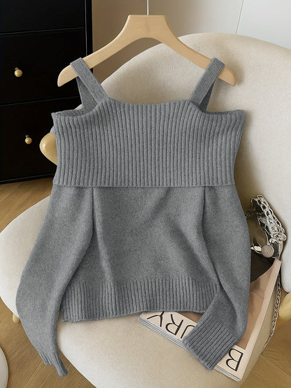 Damen Strickpullover Carmen-Ausschnitt mit Schleife und Herzknöpfen