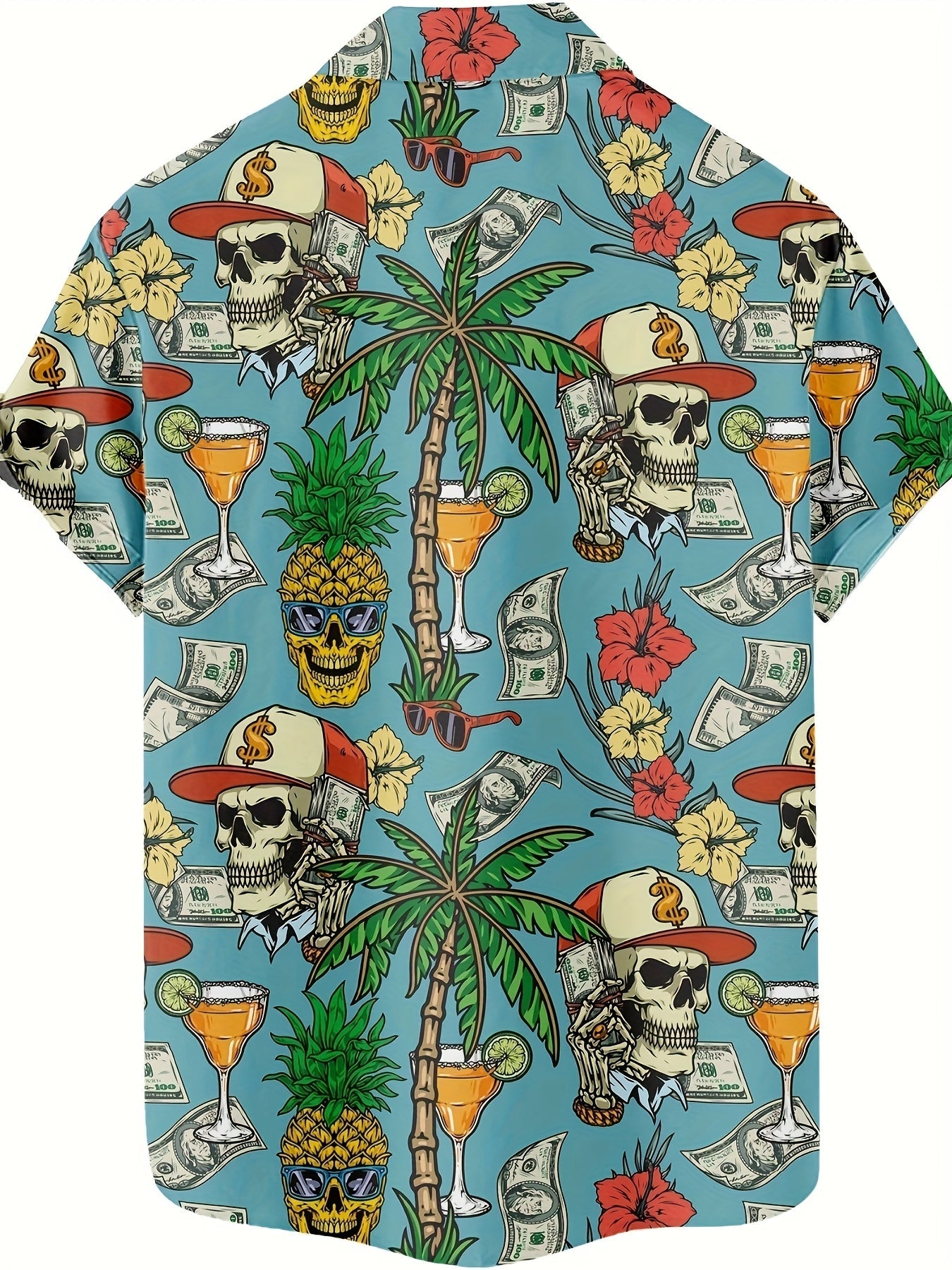 Herren Hawaii Hemd mit Totenkopf, Palmen und Cocktail Print – Extravaganter Freizeitstil für Urlaub & Strand