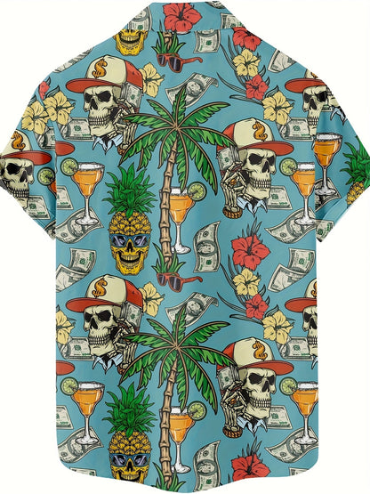 Herren Hawaii Hemd mit Totenkopf, Palmen und Cocktail Print – Extravaganter Freizeitstil für Urlaub & Strand