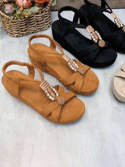 Damen Plateau-Sandalen mit Boho-Perlendekor und bequemem Keilabsatz – Vintage Sommerschuhe für Alltag & Urlaub