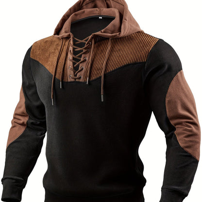 Herren Hoodie Schnürung Schwarz Braun Kapuzenpullover Patchwork